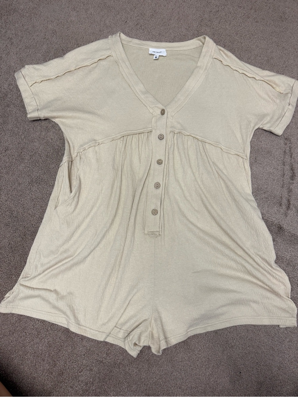 Heyson Beige V-Neck Button Front Women’s Romper - , Short Sleeve